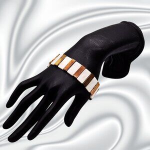 Vintage Mother of Pearl Panel Bracelet Gold Tone Geometric Statement Bracelet